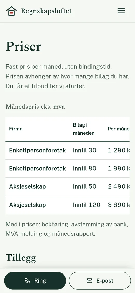 Prissiden til Regnskapsloftet på mobil
