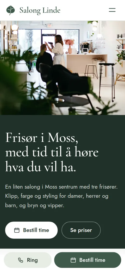 Forsiden til en frisørsalong på mobil