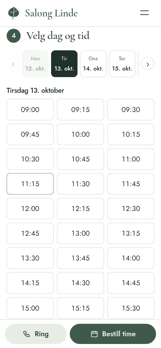 Ledige timer i timebestillingen på mobil