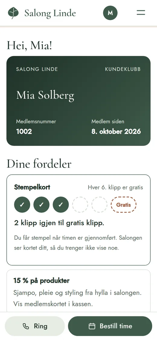 Medlemskort og stempelkort i kundeklubben på mobil
